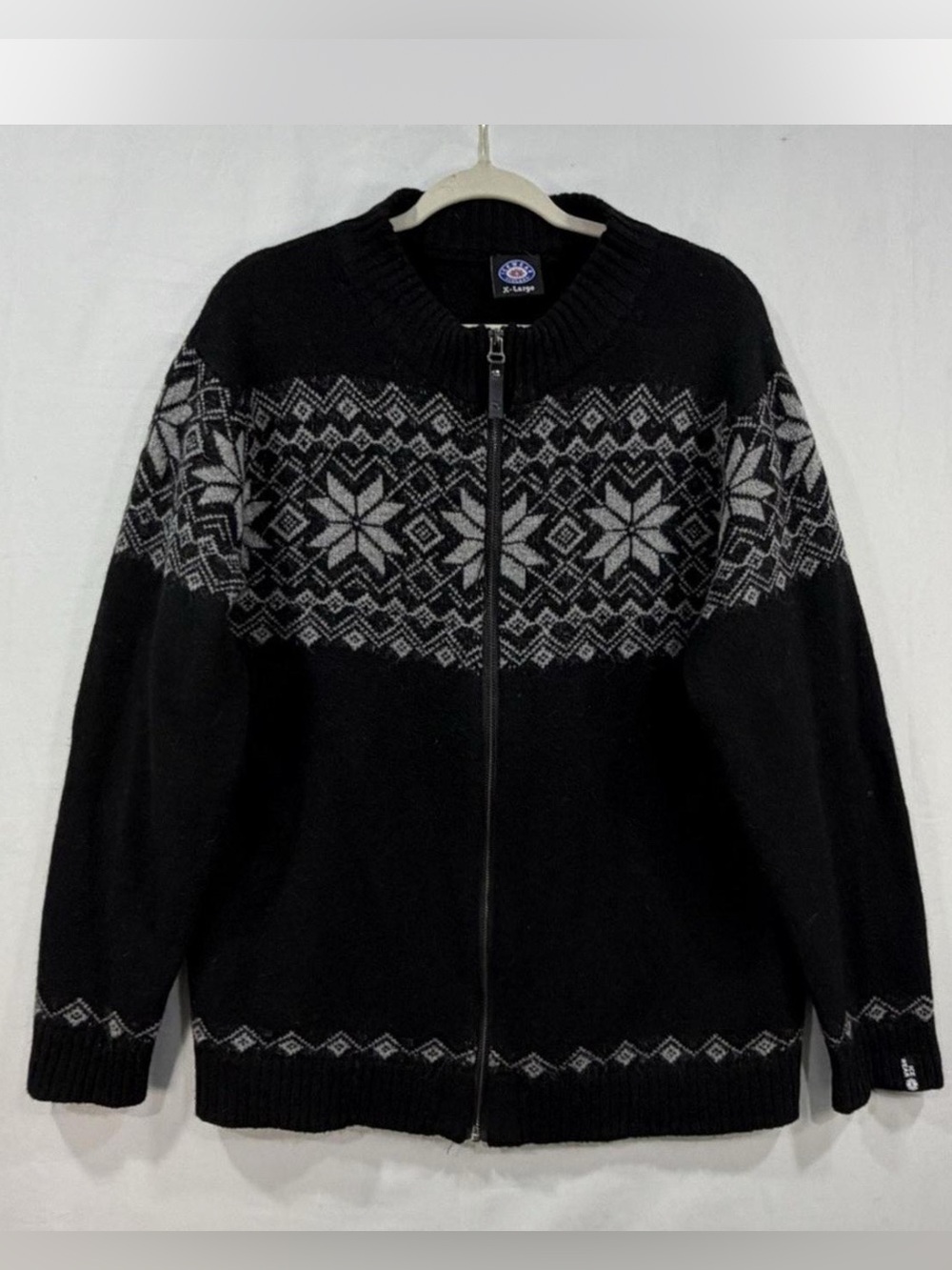 Icewear Icelandic Fair Isle Zip-Up Wool Jacket, Black Nordic Sweater, Women’s XL